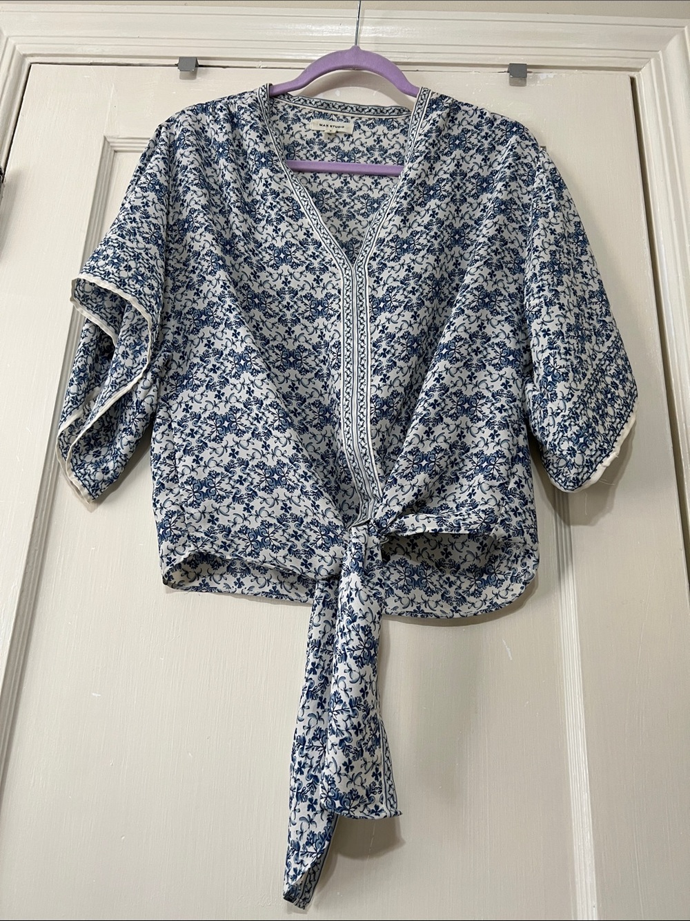 Max Studio Blue Floral Tie-Front Blouse